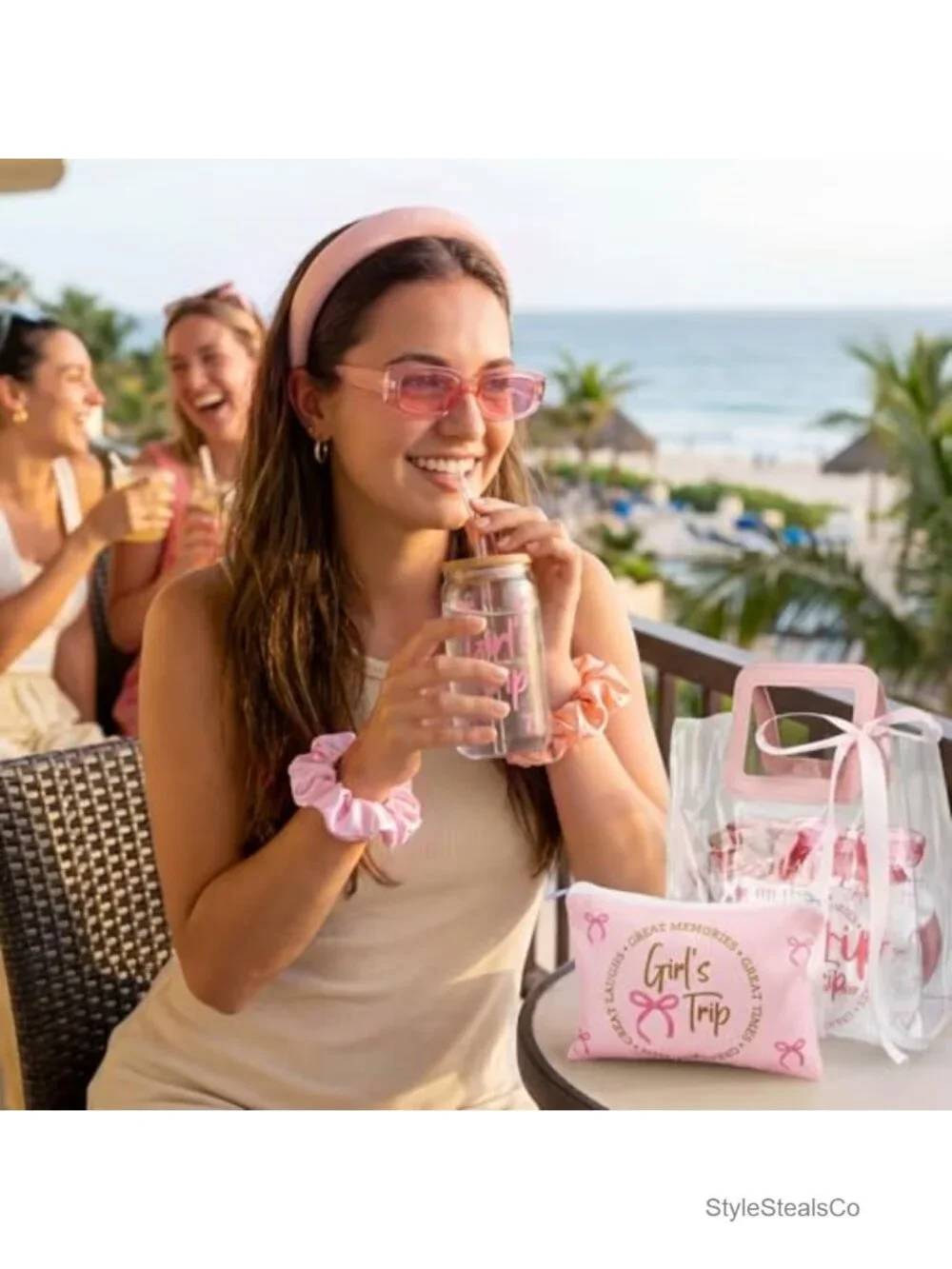 48 Pcs Girls Trip Party Favors Set Clear Tote Bags Glass Cups Hair Accessories
